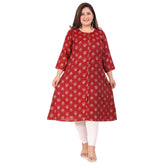 Maroon capsule floral print A-line kurti for office wear, 3/4th sleeve, round neck, button closure, closed side slits